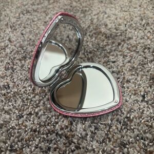 Heart-Shaped Pink glitter sparkly silver trim Compact Mirror